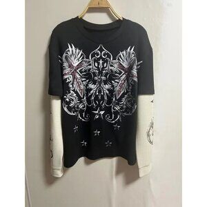 Tropical Y2K Double-Layer Sleeve Tee – Bold Print & Soft Knit